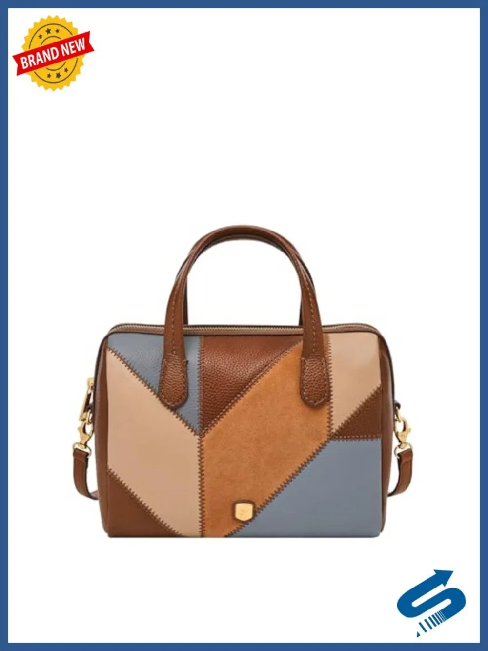 Genuine Leather Patchwork Satchel with Crossbody Strap